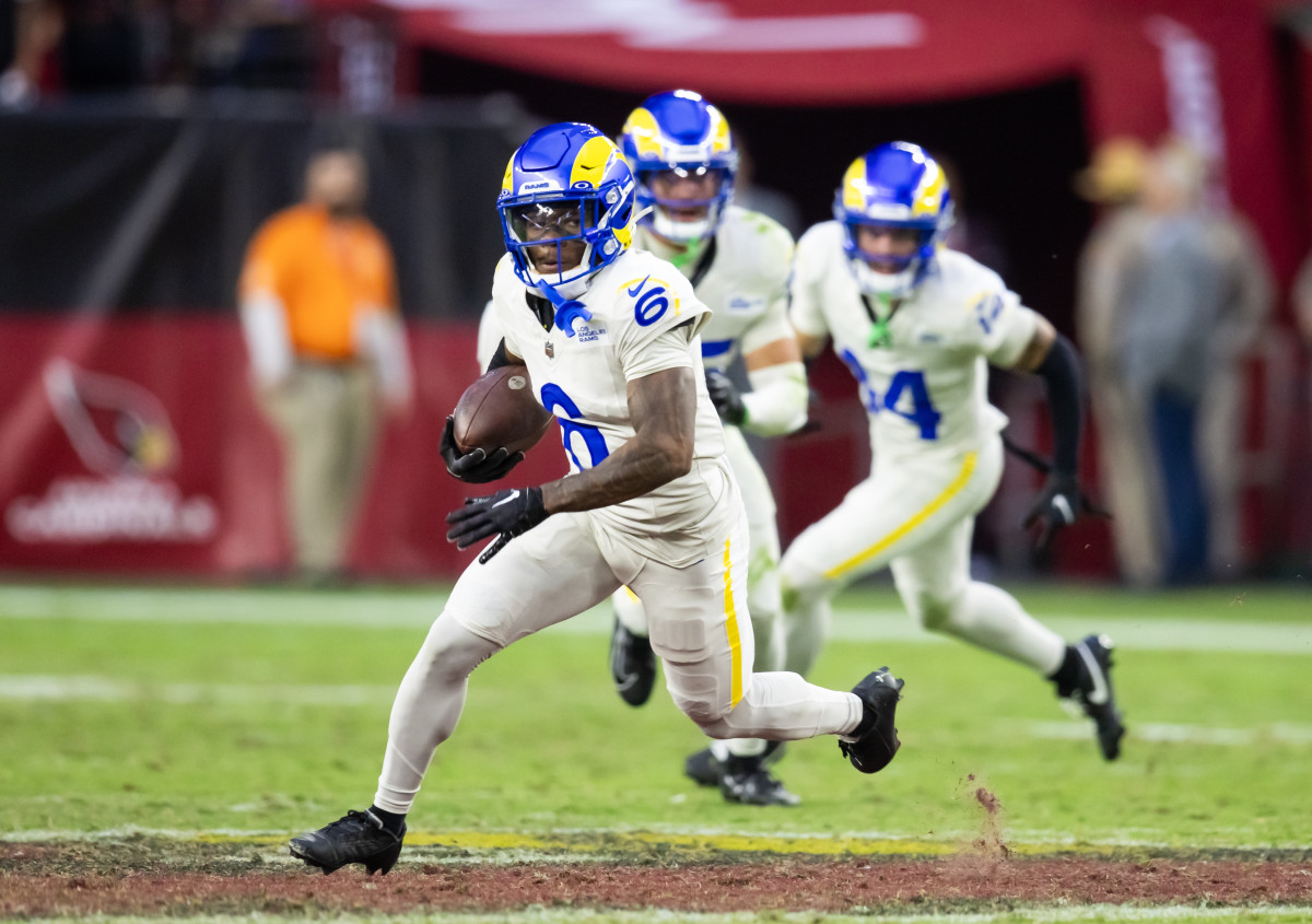 Nov 26, 2023; Glendale, Arizona, USA; Los Angeles Rams cornerback Tre Tomlinson (6) against the Arizona Cardinals at State Farm Stadium. Mandatory Credit: Mark J. Rebilas-USA TODAY Sports  